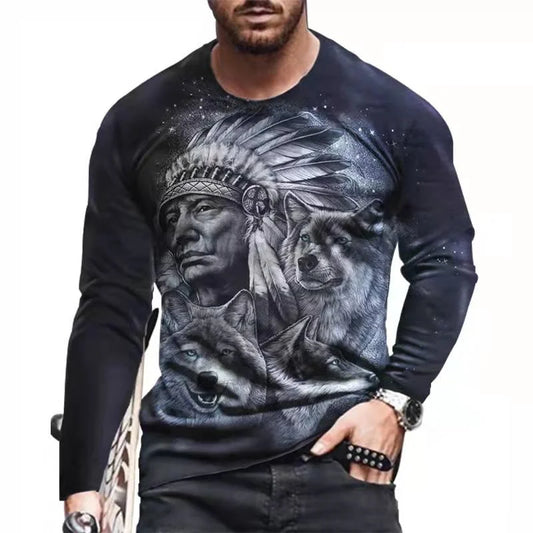 Vintage Indians Style 3d Print Autumn Men's O-Neck T-shirt Casual Long Sleeve Oversized T Shirt Fashion Pullover Men Clothing